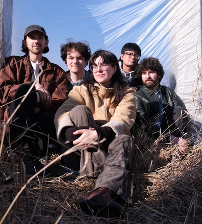 The members of the band 'Living Hour' are sitting in long, brown grass on a bright day.