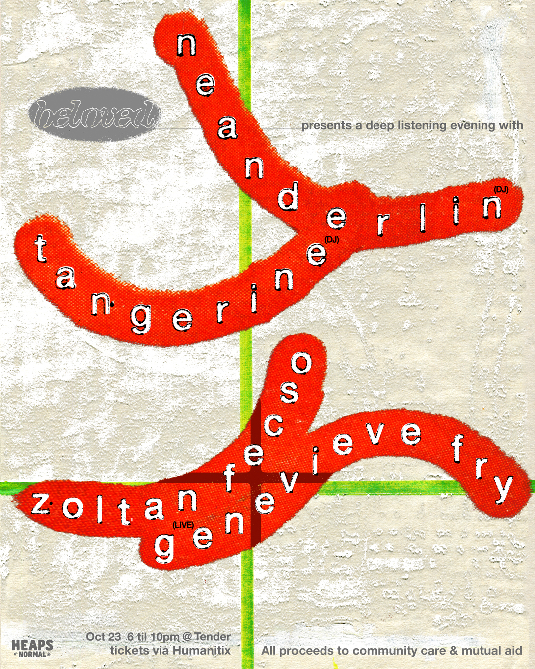 Event poster for a beloved show at Tender in Brunswick. Features red squiggley lines with artist names