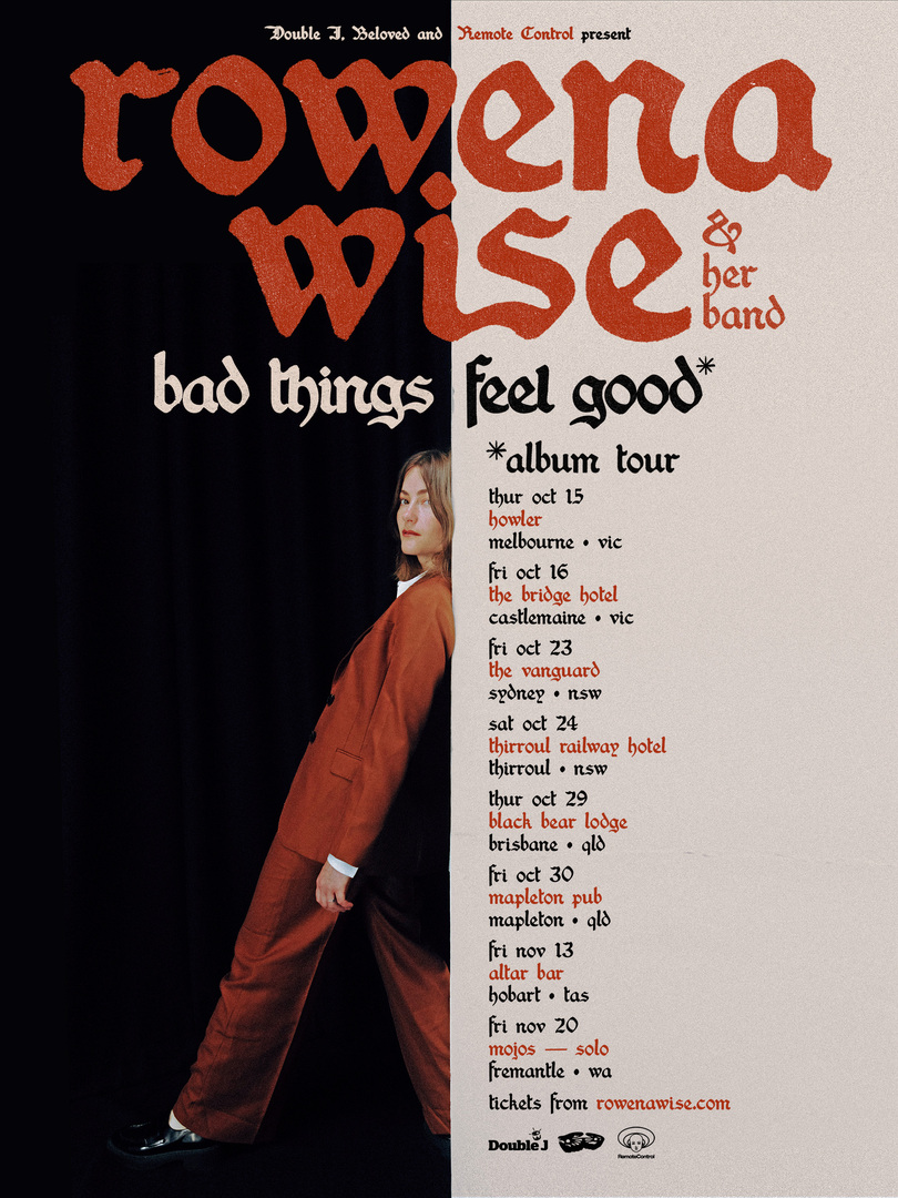 Rowena Wise leaning on a wall/line that has tour dates around Australia